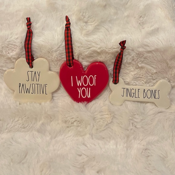 RAE DUNN "STAY PAWSITIVE, I WOOF YOU, JINGLE BONES” Christmas Ornament Set of 3 - Picture 1 of 5